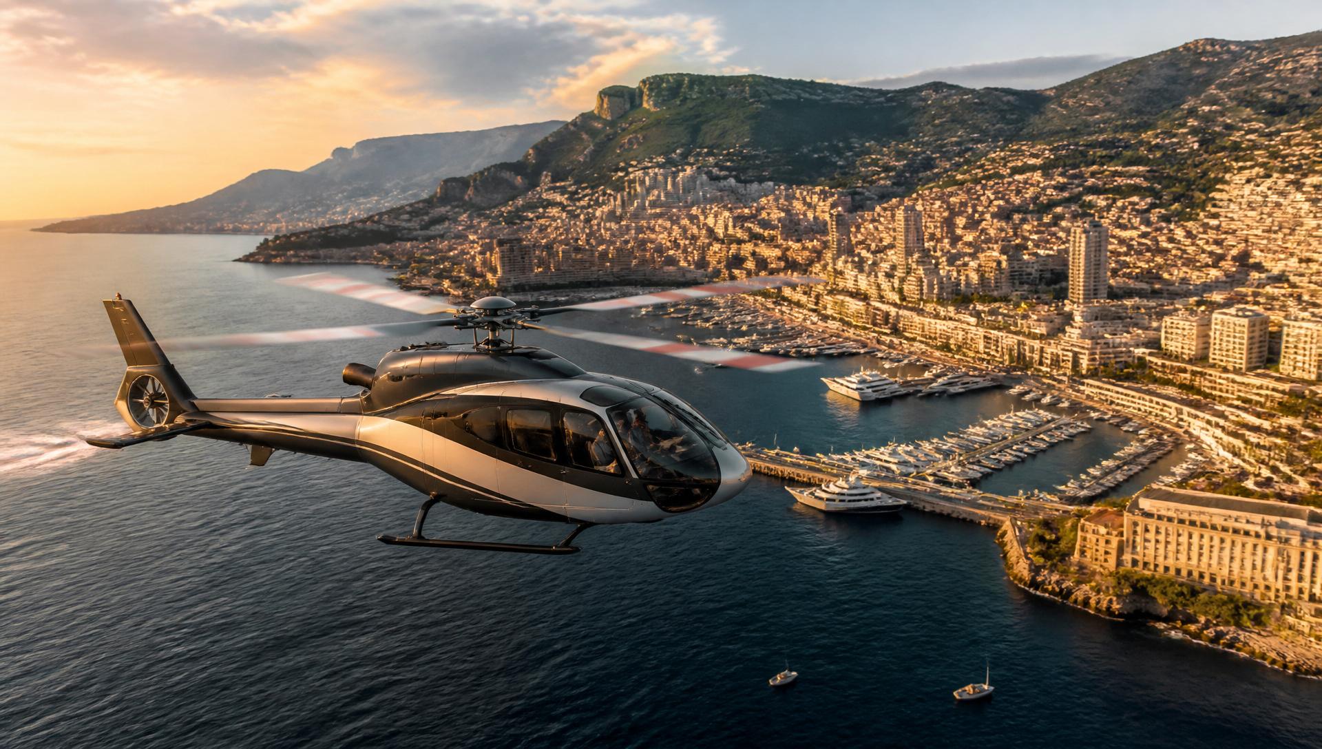 Hélicoptère privé survolant Monaco et son port au coucher du soleil