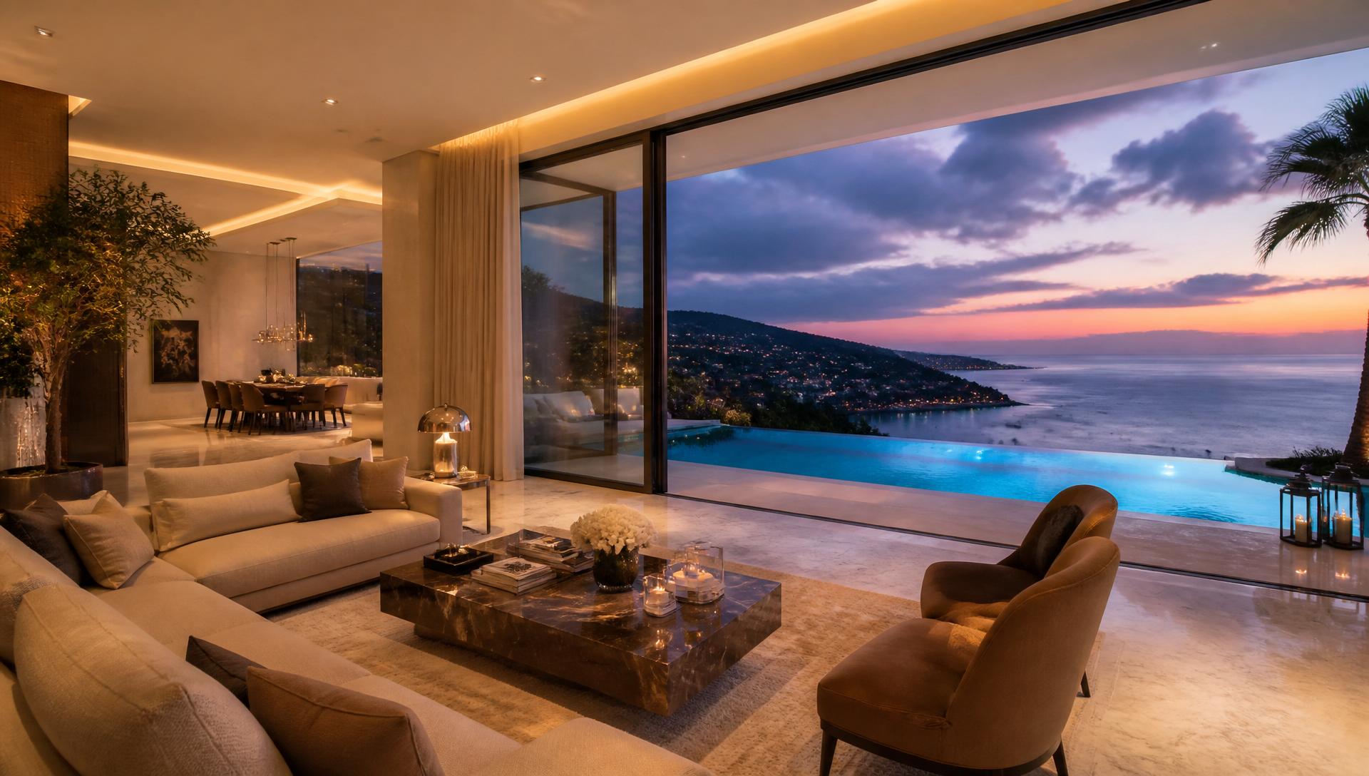 Intérieur d'une villa de luxe ouverte sur la Méditerranée au crépuscule