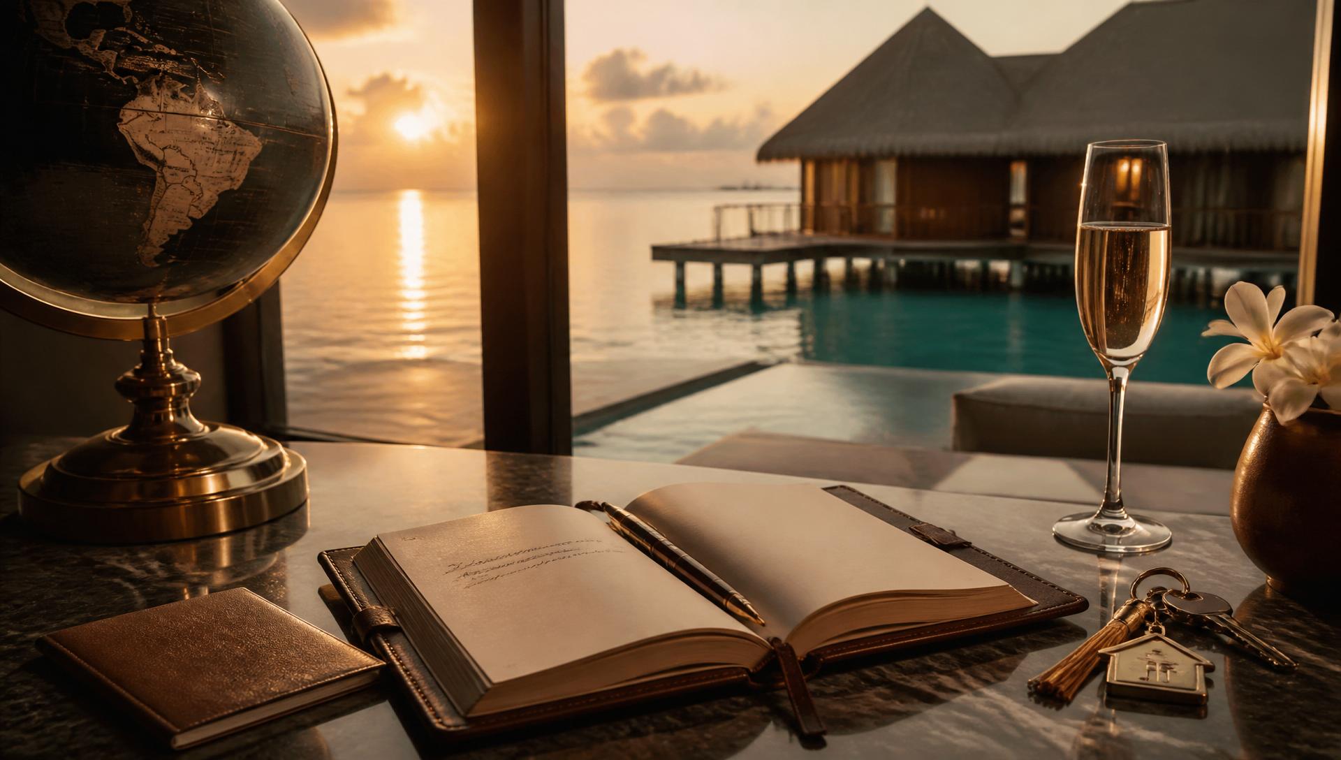 Carnet de voyage en cuir, globe terrestre en laiton, coupe de champagne et vue sur un bungalow des Maldives au coucher du soleil