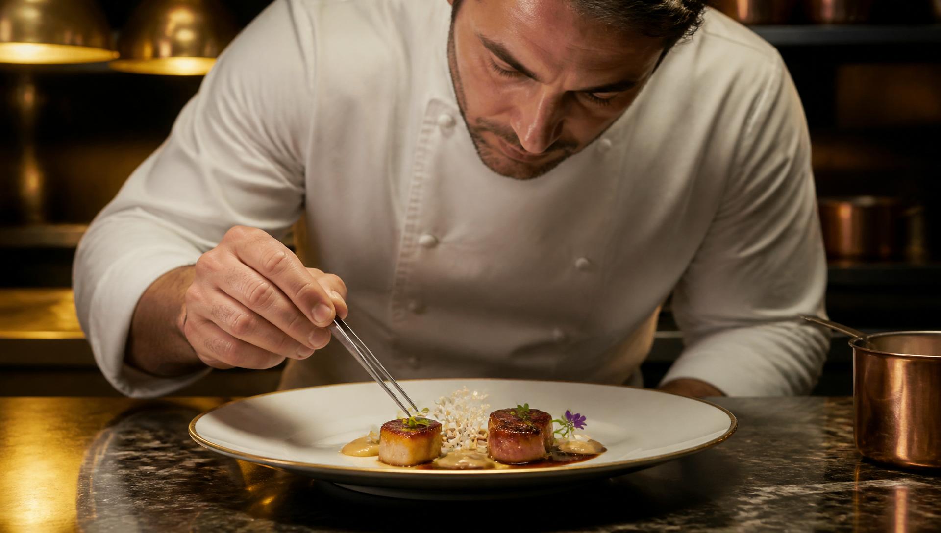 Chef étoilé dressant une assiette gastronomique dans une cuisine de restaurant de luxe
