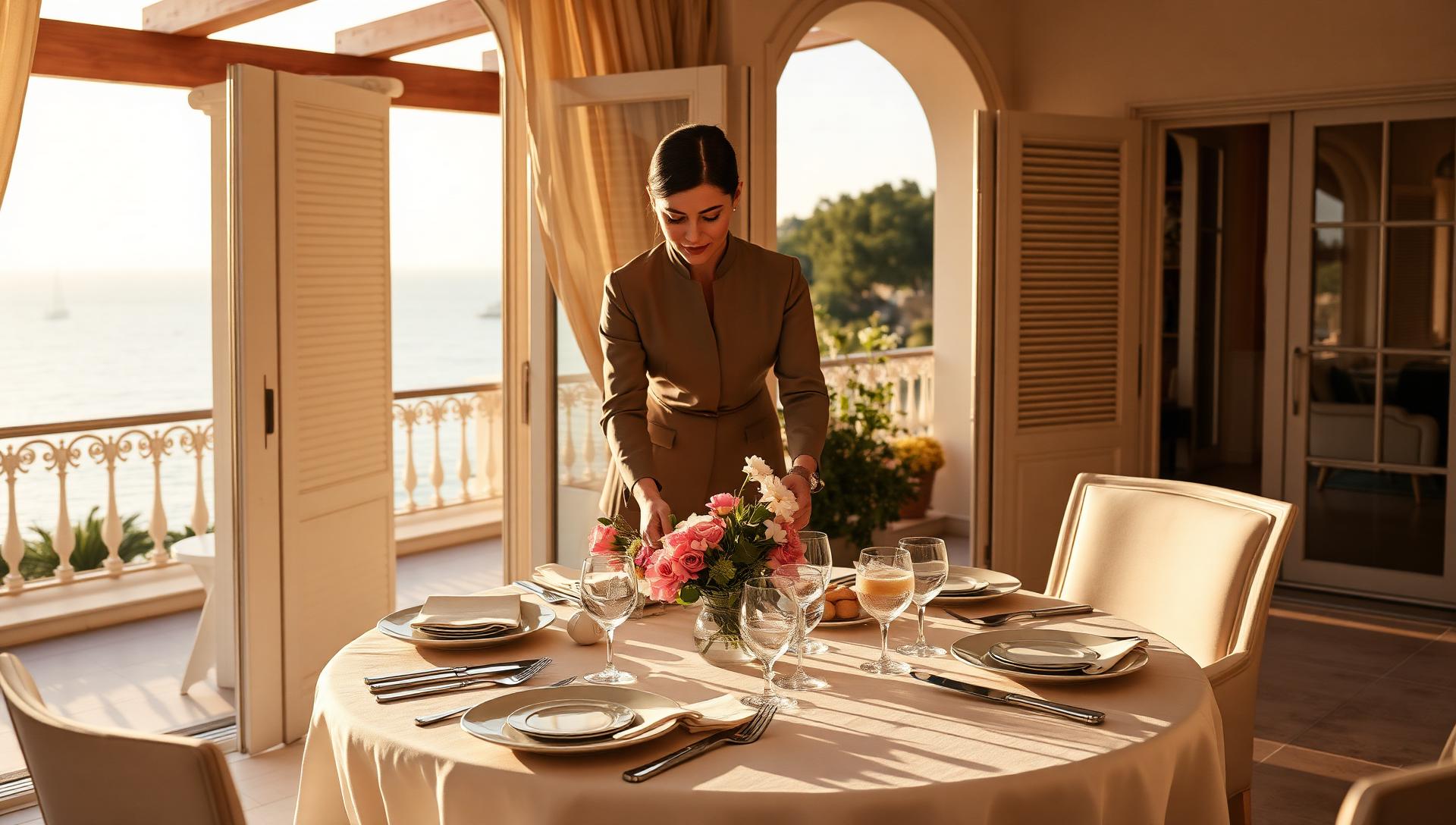 Gouvernante dressant une table élégante sur la terrasse d'une villa de la Côte d'Azur au coucher du soleil