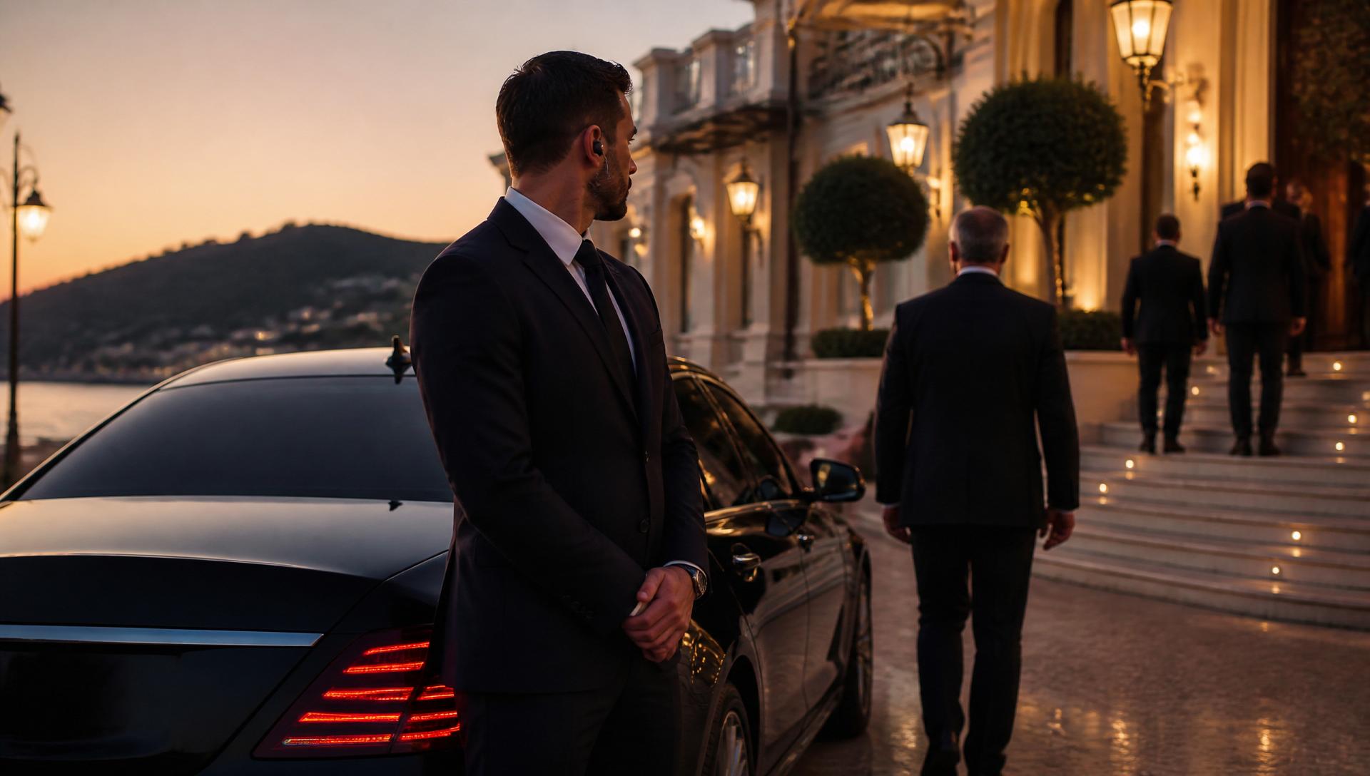 Agent de protection rapprochée en costume élégant accompagnant un client devant une Mercedes Classe S et un palace de la Côte d'Azur