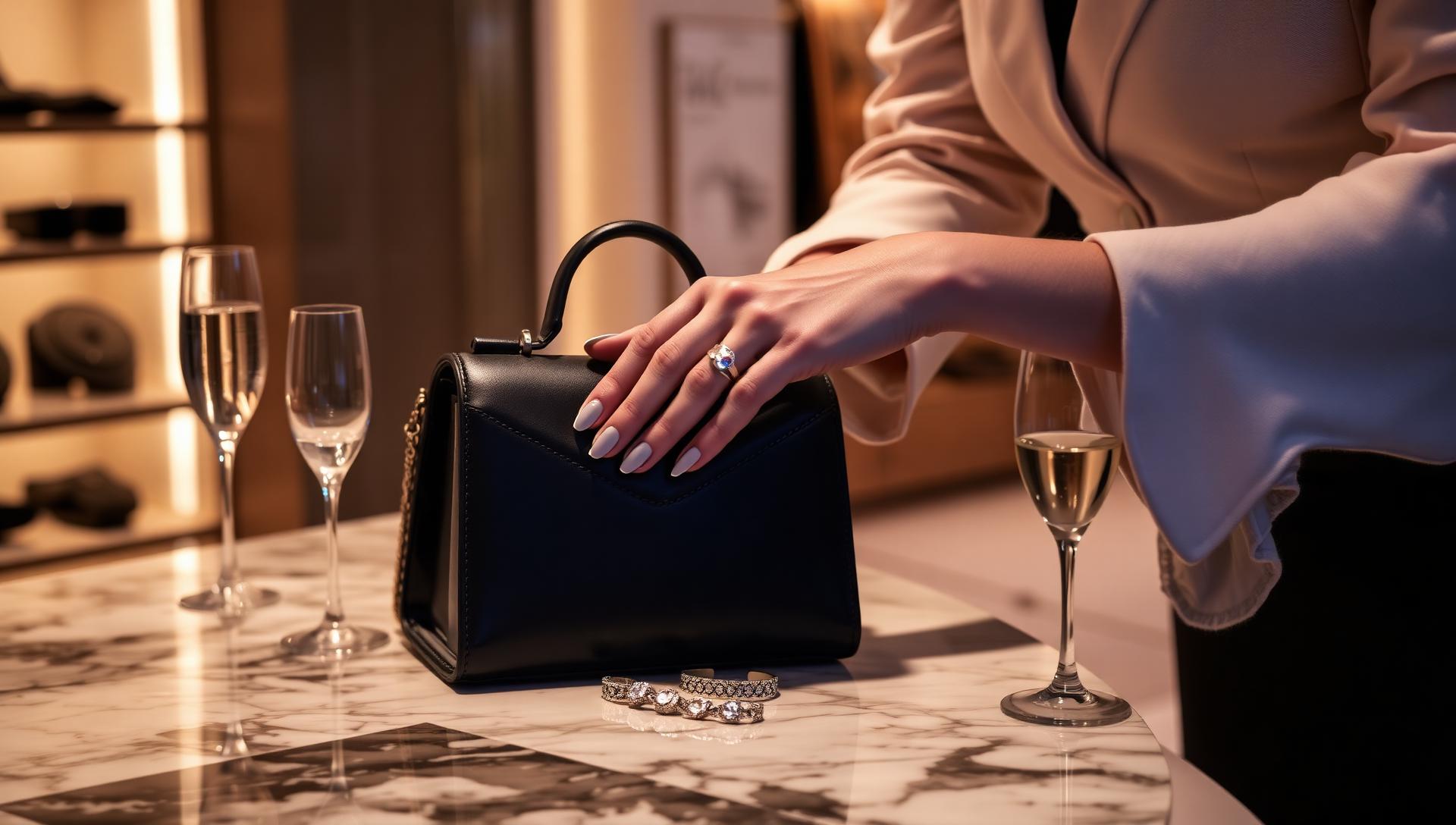 Mains élégantes posées sur un sac de luxe et bijoux sur un comptoir en marbre, coupes de champagne à proximité