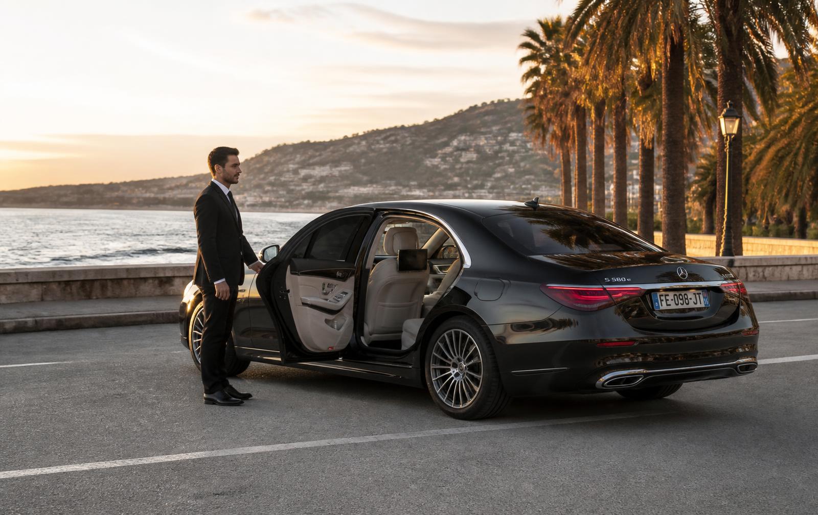 Berline Mercedes noire avec chauffeur sur la Promenade des Anglais à Nice au crépuscule