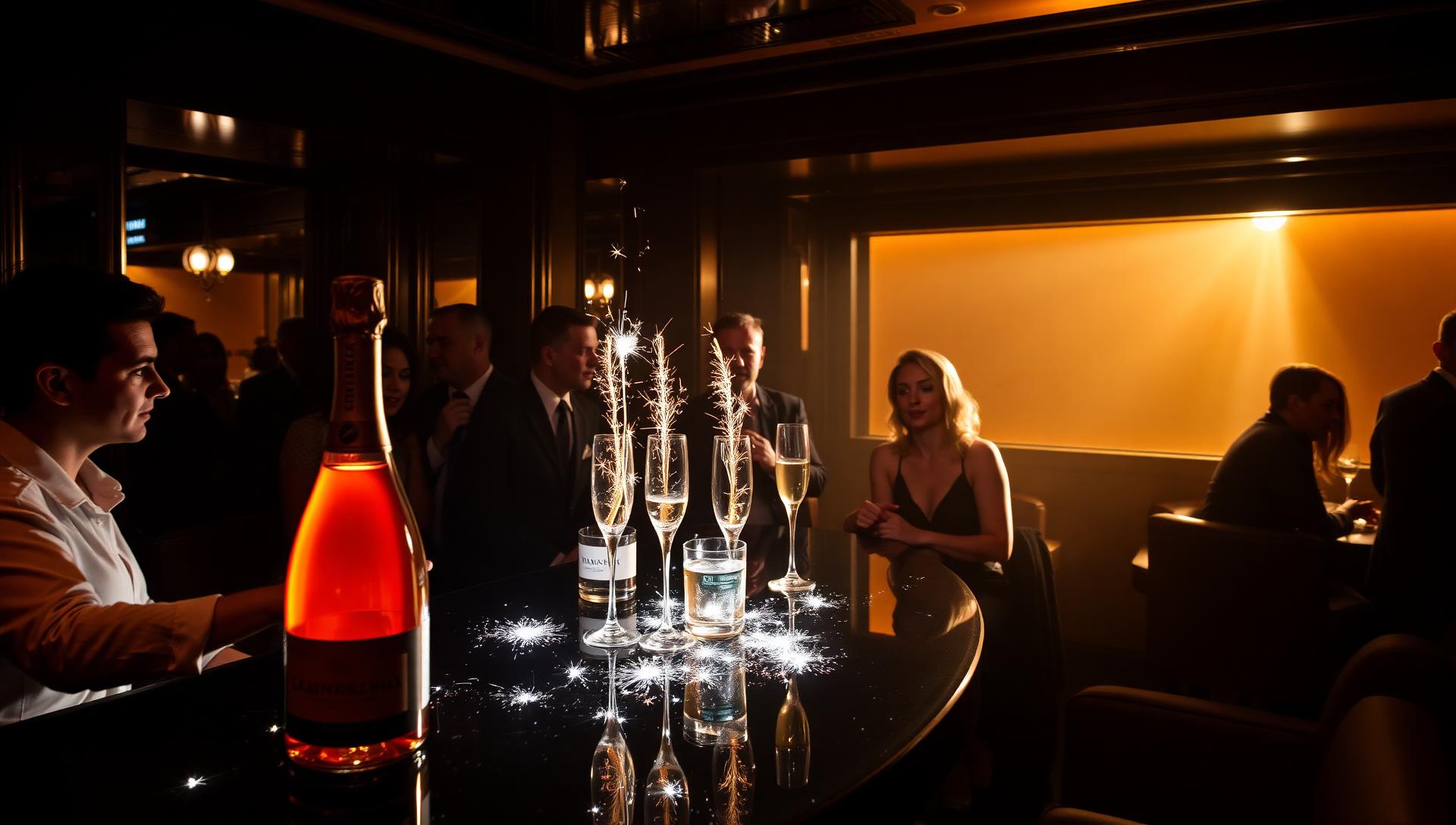 Table VIP avec magnums de champagne et sparklers dans un club privé haut de gamme