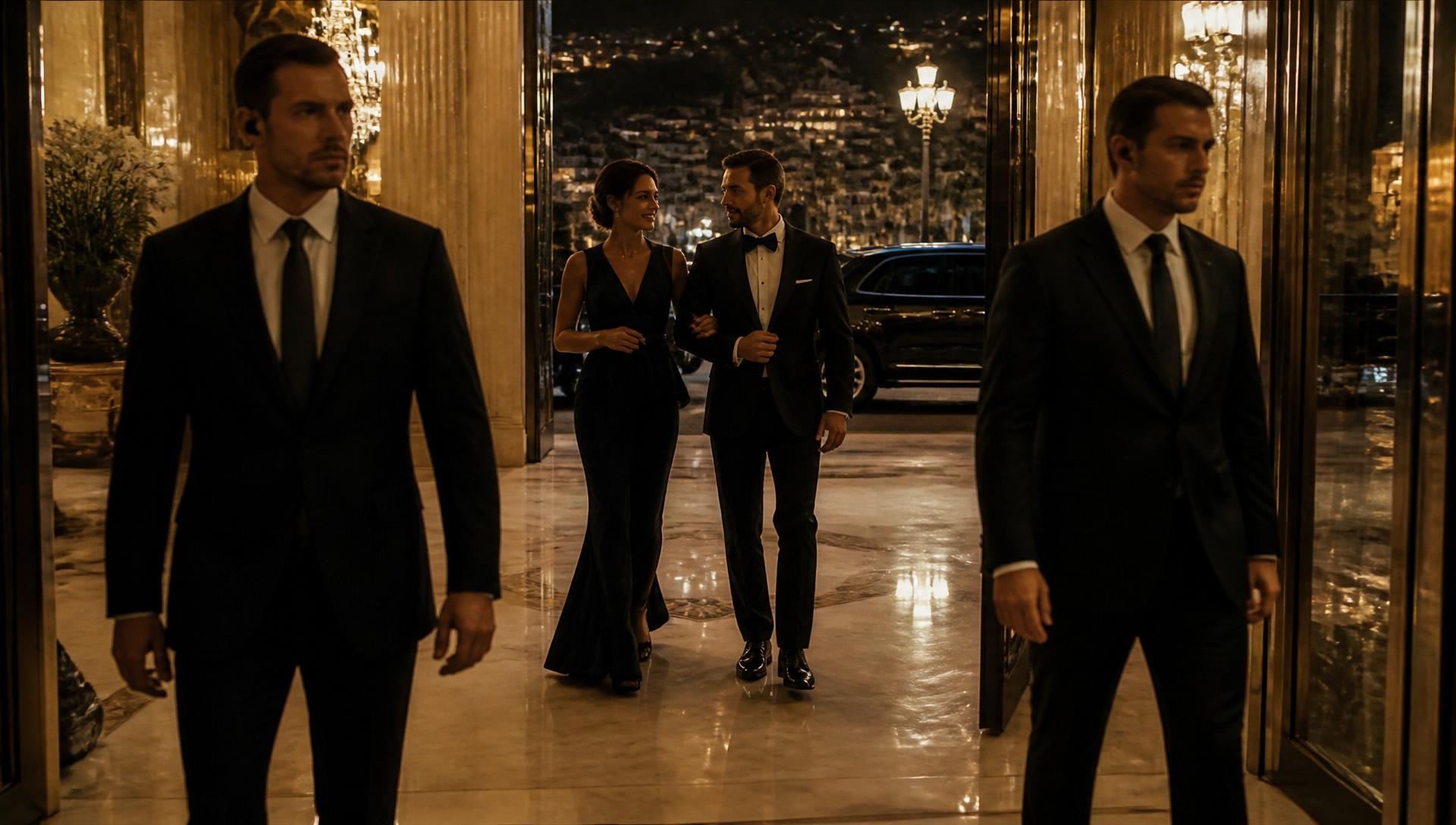 Agents de protection rapprochée escortant discrètement un couple dans le lobby d'un palace monégasque en soirée