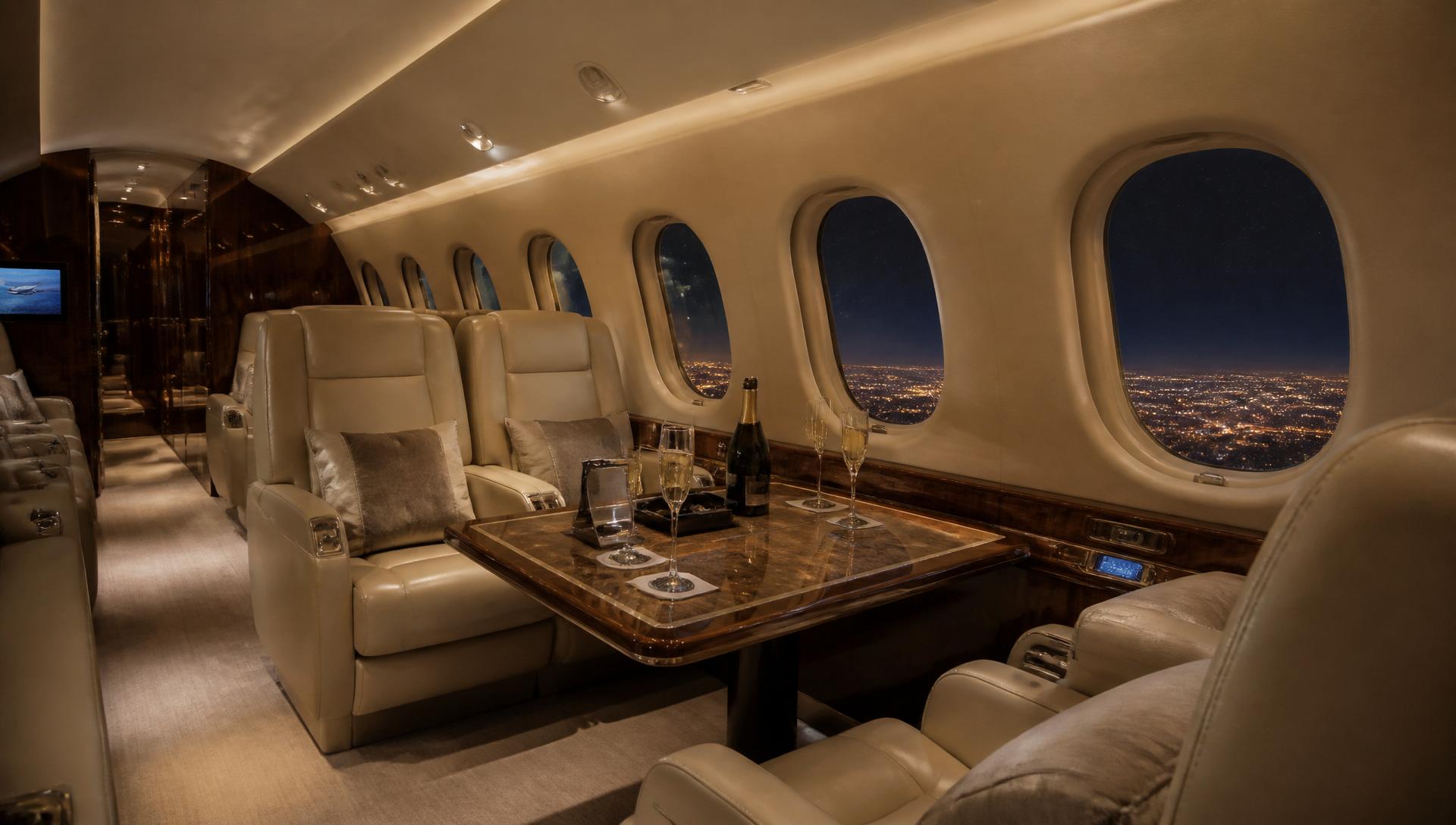 Intérieur cabine cuir crème d'un jet privé Heavy Jet, vue nocturne des lumières d'une ville par le hublot