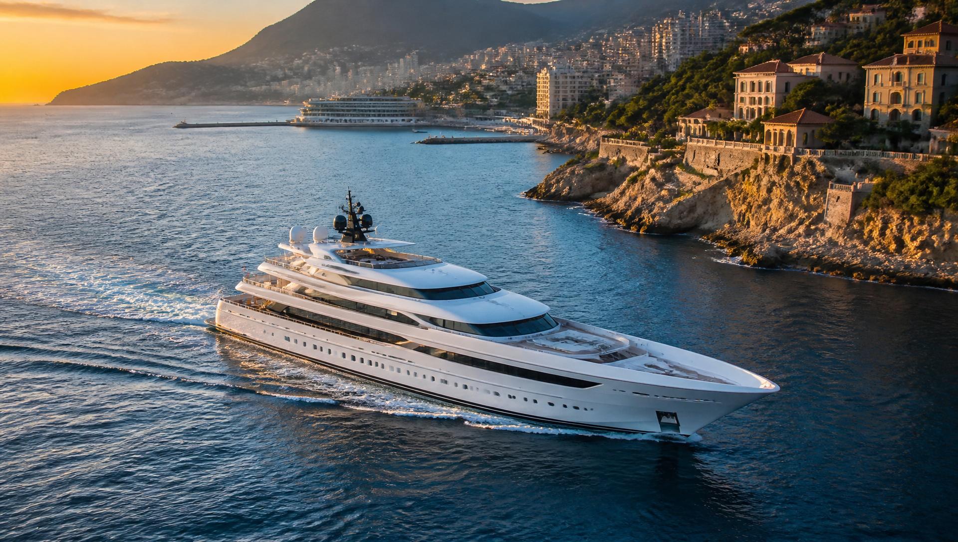 Superyacht longeant la côte de Monaco au coucher du soleil