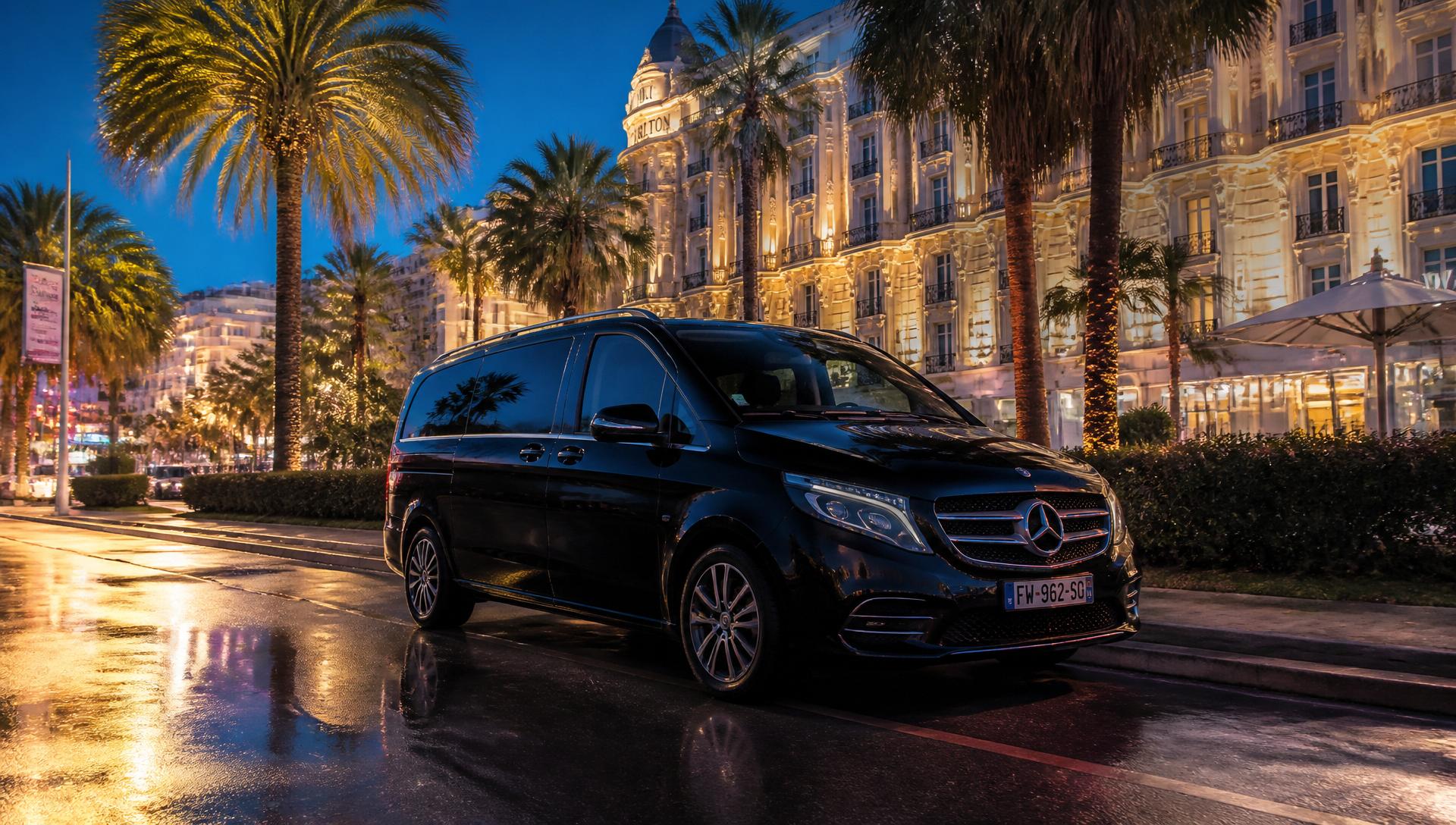 Mercedes Classe V Alpha Luxury sur la Croisette à Cannes de nuit