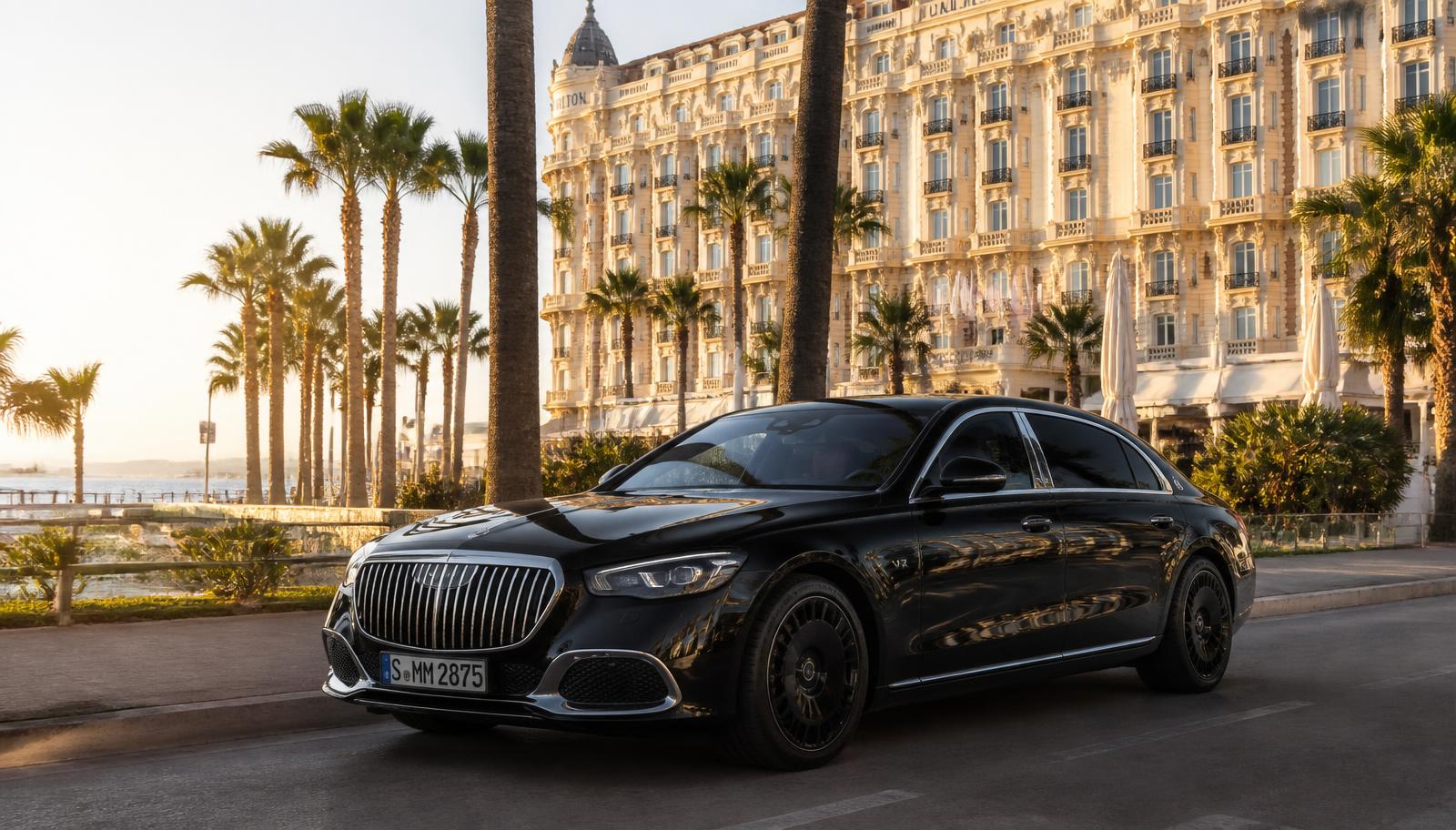 Mercedes-Maybach noire devant un palace de Cannes au coucher du soleil