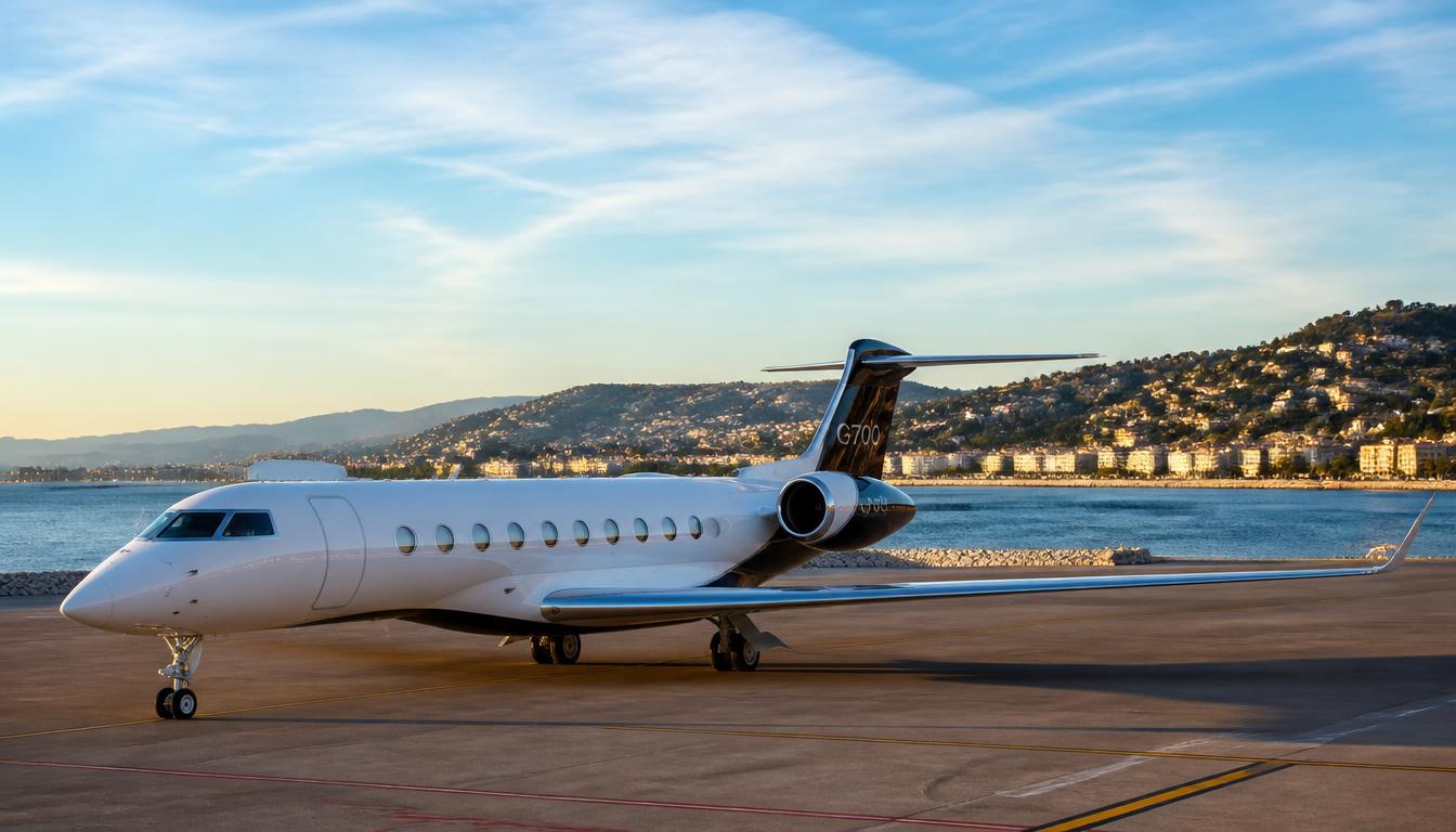 Jet privé Gulfstream G700 sur le tarmac de Nice avec la mer Méditerranée en arrière-plan